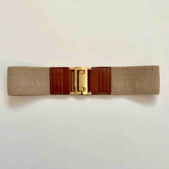 Tan Elastic Stretch Belt w/ Golden Clasp (Size S) - Picture 2 of 4
